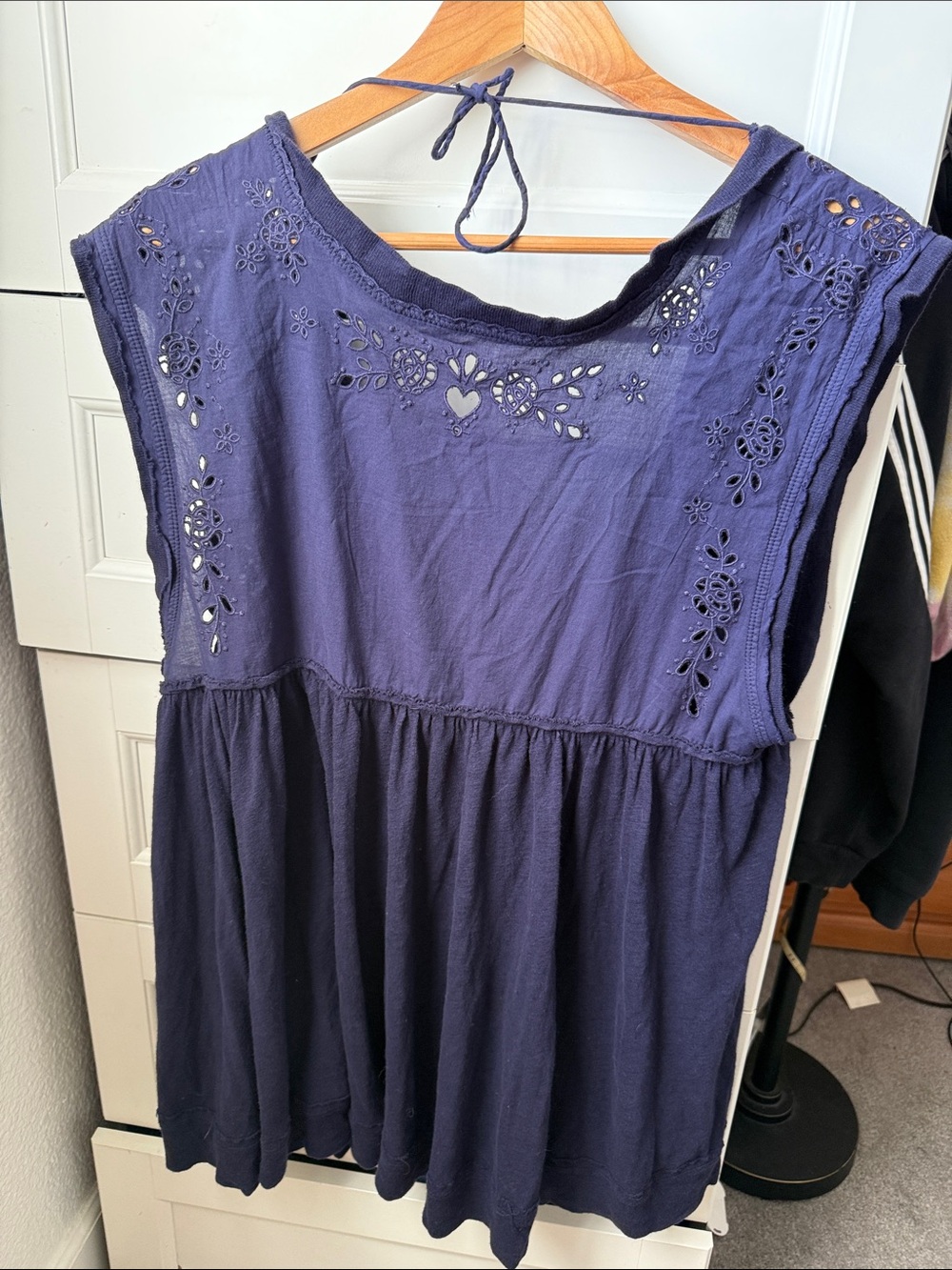 Free People Navy Blue Floral Eyelet Sleeveless Top